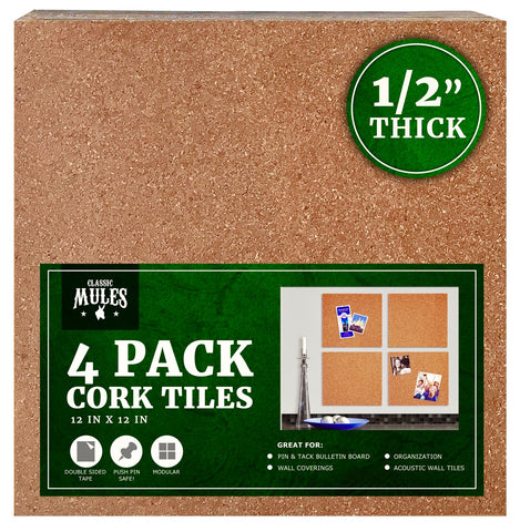 Premium Cork Tiles 12"x12" - 1/2" Thick - Cork Board - Bulletin Board - Mini Wall - Ultra Strong Self Adhesive Backing - 4 Pack